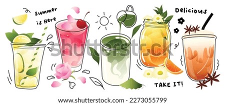 Ice tea summer drinks special promotions design. Thai tea, matcha green tea, fresh yummy drinks, sparkling lemon, orange juice, soft drinks. Doodle style vector for advertisement, banner, poster.