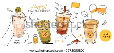 Ice tea summer drinks special promotions design. Thai tea, matcha green tea, fresh yummy drinks, bubble pearl milk tea, soft drinks with topping. Doodle style for advertisement, banner, poster.