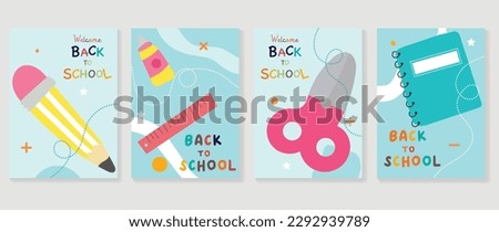 Welcome back to school cover background vector set. Cute childhood illustration with book, ruler, pen, star, scissor, mathematical symbols. Back to school collection for prints, education, banner.