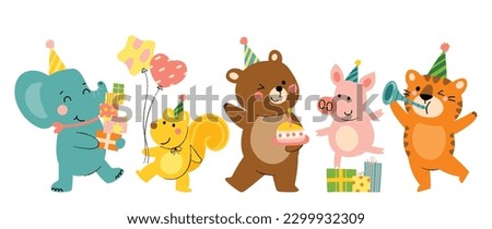 Happy birthday concept animal vector set. Collection of adorable wildlife, elephant, squirrel. Birthday party funny animal character illustration for greeting card, invitation, kid, education, prints.