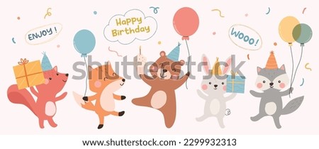 Happy birthday concept animal vector set. Collection of adorable wildlife, fox, balloon. Birthday party funny animal character illustration for greeting card, invitation, kid, education, prints.