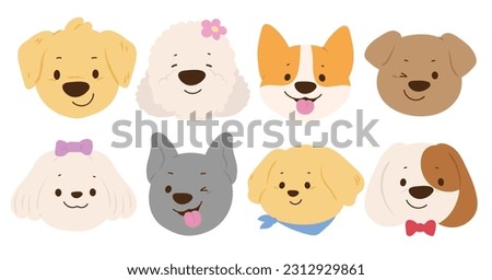 Cute and smile dog heads doodle vector set. Comic happy dog faces character design of different dog breed with flat color isolated on white background. Design illustration for sticker, comic, print.