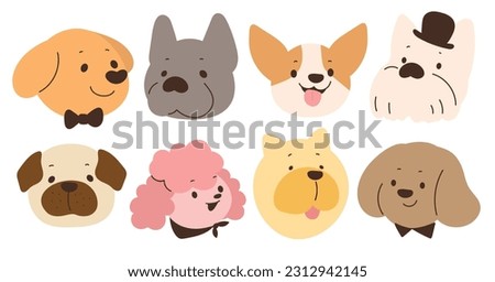 Cute and smile dog heads doodle vector set. Comic happy dog faces character design of different dog breed with flat color isolated on white background. Design illustration for sticker, comic, print.