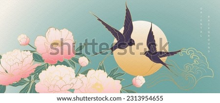 Luxury gold oriental style background vector. Chinese and Japanese wallpaper pattern design of elegant swallow birds, sea wave, flowers with gold line. Design illustration for decoration, wall decor.