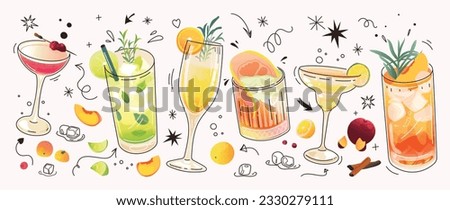 Set of cocktail drinks special promotions design. Alcohol beverage, fresh yummy drinks, sparkling water, summer juice in different glasses. Classic cocktail vector for advertisement, menu, poster.