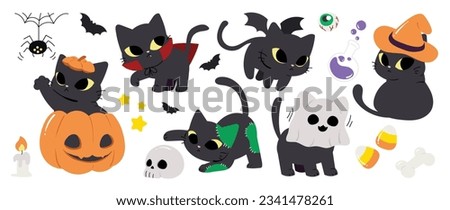 Happy Halloween day lovey pet vector. Cute collection of cats with Halloween costumes, ghost, bat, pumpkin, spider. Adorable animal characters in autumn festival for decoration, prints, cover.