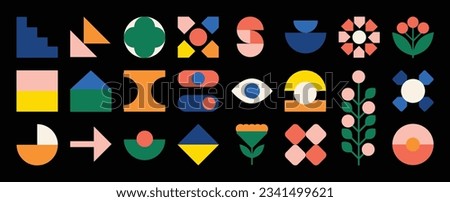 Set of abstract retro geometric shapes vector. Collection of contemporary figure, flower, arrow, eye in 70s groovy style. Bauhaus Memphis design element perfect for banner, print, sticker, decor.