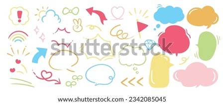 Set of cute pen line doodle element vector. Hand drawn doodle style collection of arrow, speech bubble, diamond, heart, scribble, colorful. Design for decoration, sticker, idol poster, social media.
