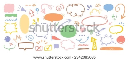 Set of cute pen line doodle element vector. Hand drawn doodle style collection of arrow, speech bubble, star, heart, scribble, colorful. Design for decoration, sticker, idol poster, social media.