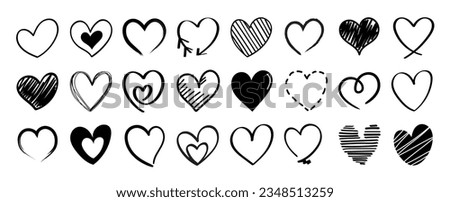 Set of heart doodle element vector. Hand drawn doodle style collection of different heart, love symbol. Illustration design for print, cartoon, card, decoration, sticker, icon, valentine day.