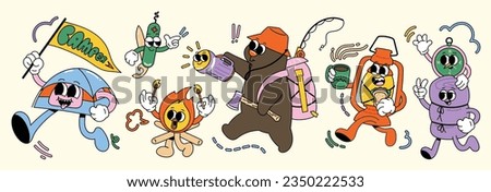 Set of 70s groovy element in camping concept vector. Collection of cartoon character, doodle smile face, bear, bonfire, lantern, camping tent. Cute retro groovy hippie design for decorative, sticker.