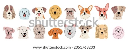 Cute and smile dog heads doodle vector set. Comic happy dog faces character design of corgi, beagle, poodle with flat color isolated on white background. Design illustration for sticker, comic, print.