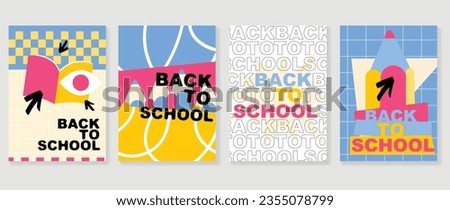 Welcome back to school cover background vector set. Cute childhood illustration with geometric shapes, book, pencil, eye, pixel, scribble. Back to school collection for prints, education, banner.