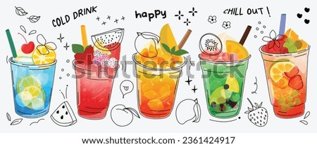 Fresh smoothies and sparkling drinks design with cute doodle decoration. Fruit refreshment and soft drinks in glasses. Vector illustration blended smoothie for logo, ads, promotion, marketing, banner.