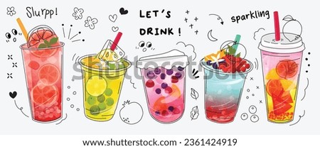 Fresh smoothies and sparkling drinks design with cute doodle decoration. Fruit refreshment and soft drinks in glasses. Vector illustration blended smoothie for logo, ads, promotion, marketing, banner.