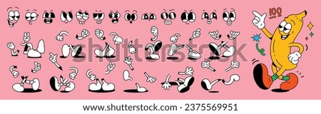 Set of 70s groovy comic faces vector. Collection of cartoon character faces, leg, hand in different emotions happy, angry, sad, cheerful. Cute retro groovy hippie illustration for decorative, sticker.