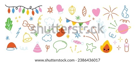 Merry Christmas and winter season doodle element vector. Set of bauble ball, ribbon, sock, arrow, flag, saturn, candle, foliage, speech bubble. Happy holiday collection for kids, decorative.