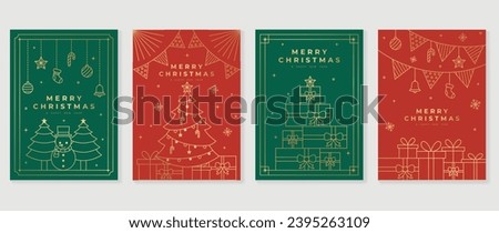Luxury christmas invitation card art deco design vector. Christmas tree, bauble ball, snowman, gift, snowflake line art on green and red background. Design illustration for cover, poster, wallpaper.