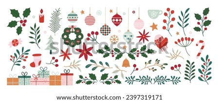 Merry christmas and happy new year element vector. Collection drawing of holly plant, christmas tree, glove, sock, gift, christmas bauble ball. Design suitable for banner, invitation, decoration.