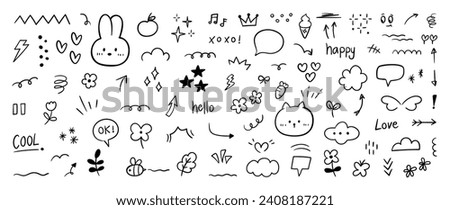 Set of cute pen line doodle element vector. Hand drawn doodle collection of rabbit, cat, stars, sparkle, words, heart, flower, scribble, arrows. Design for print, cartoon, card, decoration, sticker.