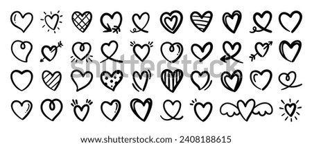 Set of heart doodle element vector. Hand drawn doodle style collection of different heart, love symbol. Illustration design for print, cartoon, card, decoration, sticker, icon, valentine day.