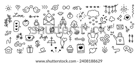 Set of valentine doodle element vector. Hand drawn doodle style collection of heart shaped, speech bubble, arrows, flower, balloon, crown, bow. Design for print, cartoon, card, decoration, sticker.