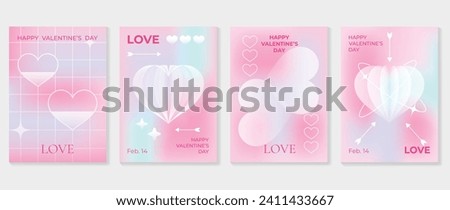 Happy Valentine's day love cover vector set. Romantic symbol poster decorate with trendy gradient heart pastel colorful background. Design for greeting card, fashion, commercial, banner, invitation.