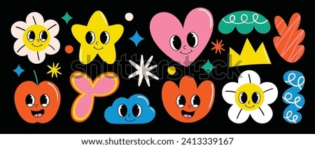 Set of funky groovy element vector. Collection of cartoon characters, doodle smile face, flower, star, apple, heart, cloud, crown. Cute retro groovy hippie design for decorative, sticker, kids.