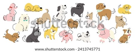 Set of cute dogs clipart vector. Lovely dog and friendly puppy doodle pattern in different poses and breeds with flat color. Adorable funny pet and many characters hand drawn collection.