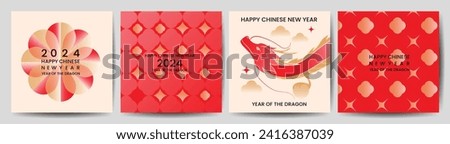 Chinese New Year square cover background vector. Year of the dragon design with dragon, pattern, flower, sparkle, cloud. Modern oriental illustration for cover, banner, website, social media.