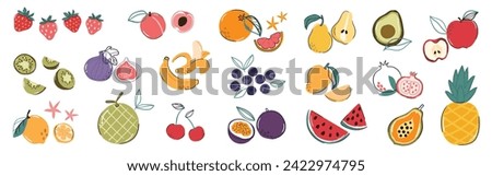 Set of colorful fruit element vector. Different fresh fruit design of apple, strawberry, banana, orange, mango with hand drawn pattern. Illustration for branding, sticker, fabric, clipart, ads.