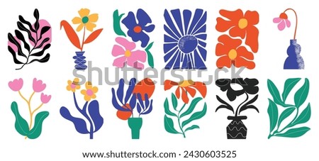 Flower doodle background vector set. Floral and leaves abstract shape doodle art design for print, wallpaper, clipart, wall art for home decoration.