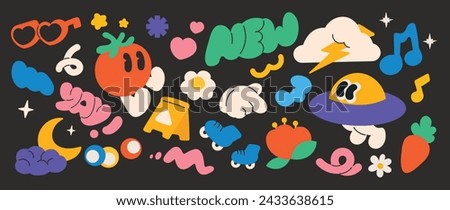 Set of funky groovy element vector. Collection of cartoon characters, doodle smile face, spaceship, tomato, moon, melody. Cute retro groovy hippie design for decorative, sticker, kids, clipart.