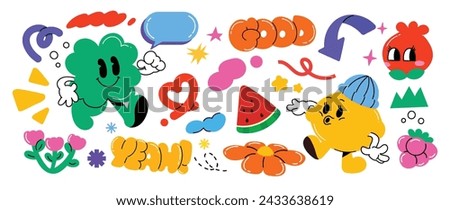 Set of funky groovy element vector. Collection of cartoon characters, doodle smile face, leaf, lemon, flower, speech bubble. Cute retro groovy hippie design for decorative, sticker, kids, clipart.