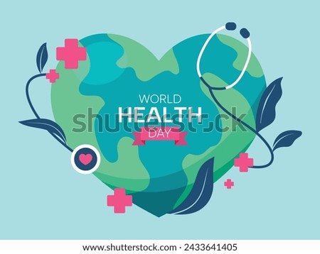 World health day concept, 7 April, background vector. Hand drawn comic doodle style of earth, heart, stethoscope. Design for web, banner, campaign, social media post.