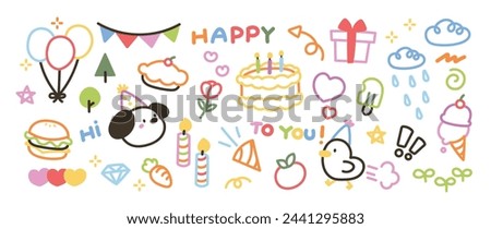 Cute hand drawn Happy birthday doodle vector set. Colorful collection of dog, chick, cake, balloon, flower, candle, decorative flag. Adorable creative design element for decoration, prints, ads.