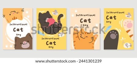 Happy international cat day cover set. Cute cats and funny kitten, paw foot design collection with flat color in different poses. Adorable pet animals illustration for international cat day.