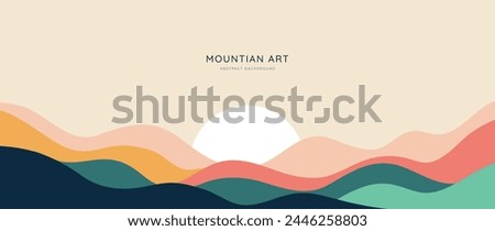 Mountain minimal background vector. Abstract landscape hills with earth tone, sunrise, moon. Nature view illustration design for home decor, wallpaper, prints, banner, interior decor.