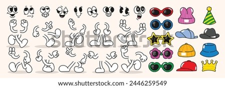 Set of 70s groovy comic vector. Collection of cartoon character faces in different emotions, hand, glove, glasses, hat, shoes. Cute retro groovy hippie illustration for decorative, sticker.