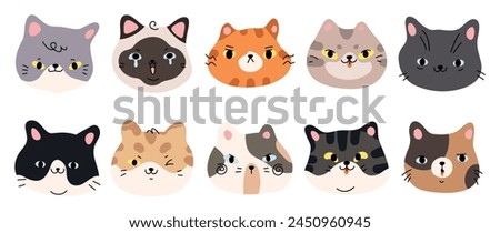 Cute and smile cat heads doodle vector set. Comic happy cat faces character design of different cat breed with flat color isolated on white background. Design illustration for sticker, comic, clipart.