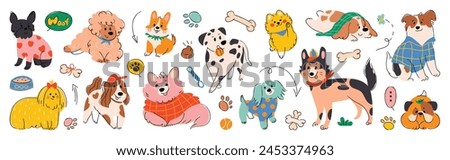 Set of cute dogs clipart vector. Lovely dog and friendly puppy doodle pattern in different poses and breeds with costume. Adorable funny pet and many characters hand drawn collection.