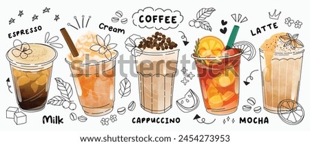 Hot and cold coffee beverage with cute doodle decoration. Espresso, americano cup, cappuccino and latte in glasses. Vector illustration blended coffee for logo, ads, promotion, marketing, banner.