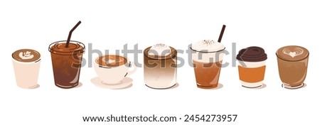 Hot and cold coffee beverage with watercolor decoration. Espresso, americano cup, cappuccino and latte in glasses. Vector illustration blended coffee for logo, ads, promotion, marketing, banner.