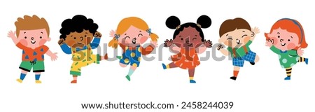 Cute kids characters vector set. Collection back to School of kindergarten, girls, boys, children with different poses, happy, smile. Back to school with kids illustration for education.