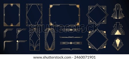 Collection of geometric art deco ornament. Luxury golden decorative element with different line, frame, headers, dividers, borders, gatsby. Set of elegant design suitable for card, invitation, poster.