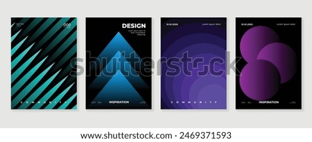 Abstract gradient poster background vector set. Minimalist style cover template with vibrant perspective 3d geometric prism shapes collection. Ideal design for social media, cover, banner, flyer.