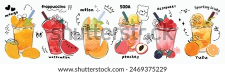 Fresh smoothies and sparkling drinks design with cute doodle decoration. Fruit refreshment and soft drinks in glasses. Vector illustration blended smoothie for logo, ads, promotion, marketing, banner.