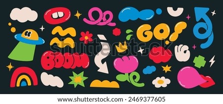 Set of funky groovy element vector. Collection of cartoon characters, cute doodle dawn, sparkle, hand, spaceship, flower. Retro hippie design for decorative, sticker, toys and kids.