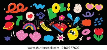 Set of funky groovy element vector. Collection of cartoon characters, cute doodle dawn, sparkle, hand, lemon, arrow, shoe, flower. Retro hippie design for decorative, sticker, toys and kids.