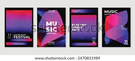 Music poster design background vector set. Electro Sound Cover template with abstract gradient halftone dotted, line wave. Ideal design for social media, flyer, party, music festival, club.